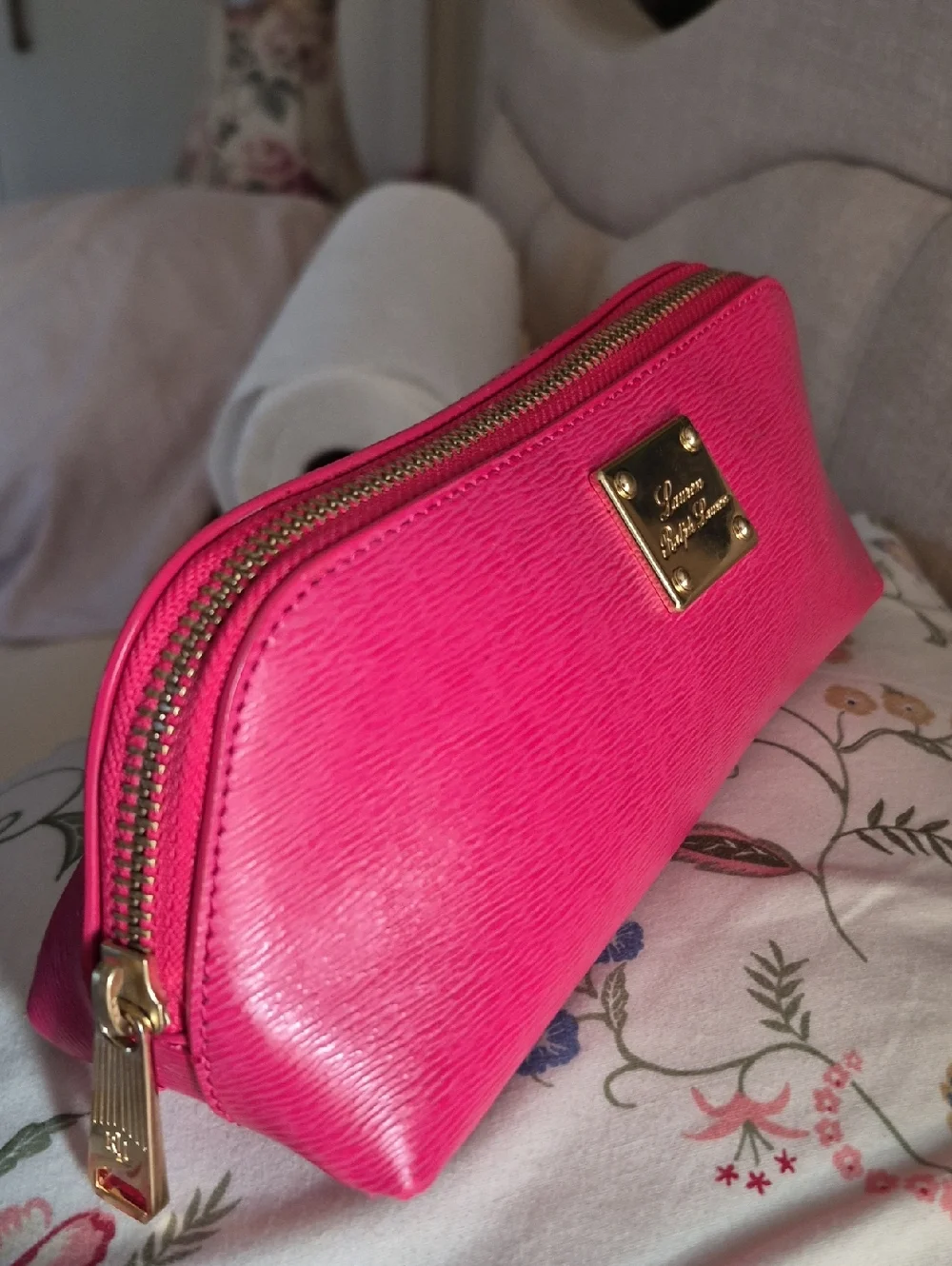 Vintage Lauren Ralph Lauren Pink Sloan Street Trangle Cosmetic Make-Up Bag Case
